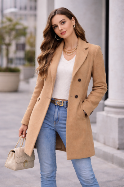 Camel Longline Wool Blend Coat – Elegant Button Front Winter Overcoat for Women