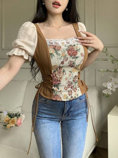 Floral Contrast Corset Style Blouse – Puff Sleeve Lace Trim Top – Side Tie Slim Fit Vintage Look