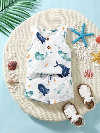 Baby Boys Whale Print 2-Piece Summer Set – Sleeveless Top & Shorts Outfit – Soft Lightweight Casual Wear