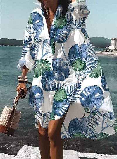 SHEIN Tropical Print Oversized Shirt Dress