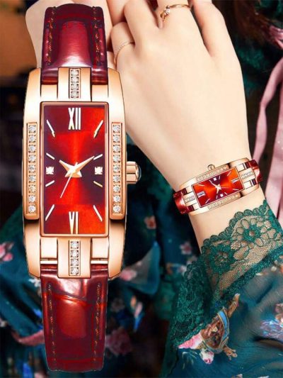 Luxury Women’s Rectangular Watch – Red Dial & Rose Gold Frame