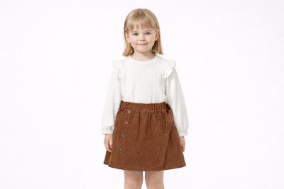 Girls Two-Piece Outfit – Textured Long Sleeve Top & Buttoned Corduroy Skirt