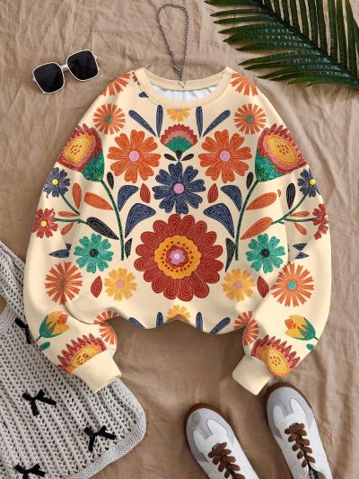Floral Printed Oversized Sweatshirt – Vintage Boho Long Sleeve Top