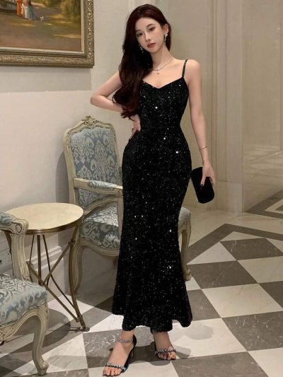 Black Sequin Bodycon Maxi Dress – Spaghetti Strap Elegant Evening Party Dress for Women