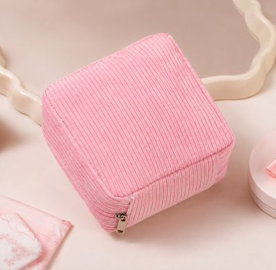 SHEIN Pink Ribbed Square Makeup Bag – Mini Cosmetic Storage Pouch, SHEIN Fast Delivery in 5 Days