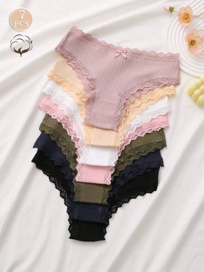 7-Pack Ribbed Lace Trim Bikini Panties for Women – Soft Cotton Blend Underwear Set – Shein Style Everyday Lingerie