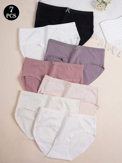 7 Pcs Solid Color Cotton Panties Set for Women – Soft Mid Waist Everyday Briefs with Bow Detail – Shein Style