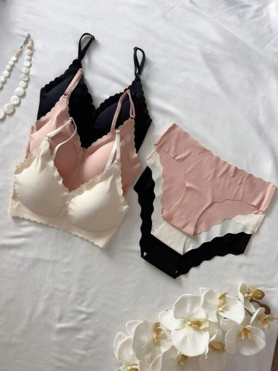 Women’s Seamless Bra & Panty 6 Piece Set – 3 Matching Wireless Bras and 3 Panties – Black Pink Beige Multi Color Underwear Pack