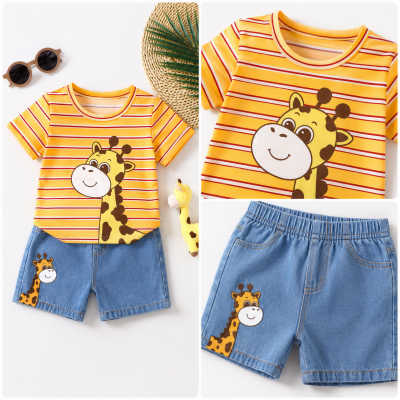 Baby Giraffe Striped T-Shirt and Denim Shorts Set