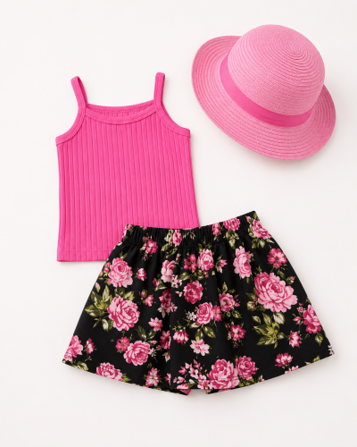 Toddler Girl Pink Ribbed Top, Floral Shorts & Hat Set – 1 Year | SHEIN Fast Delivery in 5 Days