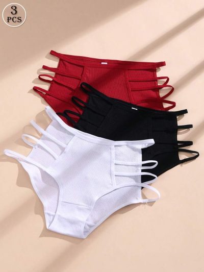 3-Pack Ribbed Strappy Side Panties for Women – Soft Stretch Bikini Briefs – Red Black White Shein Style Underwear Set