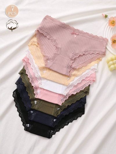 7-Pack Ribbed Lace Trim Brief Panties for Women – Soft Cotton Blend Underwear Set – Shein Style Everyday Lingerie