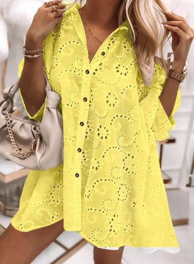 SHEIN Yellow Eyelet Button-Up Shirt Dress