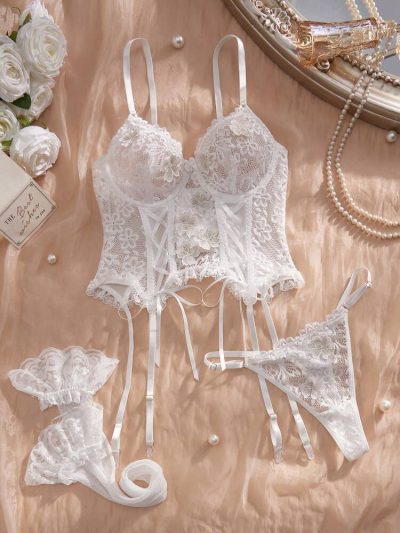 Women White Lace Corset Lingerie Set – Bridal Bustier with Garter & Thong