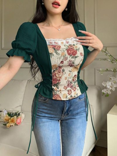 SHEIN Women’s Green Floral Corset Blouse with Puff Sleeves