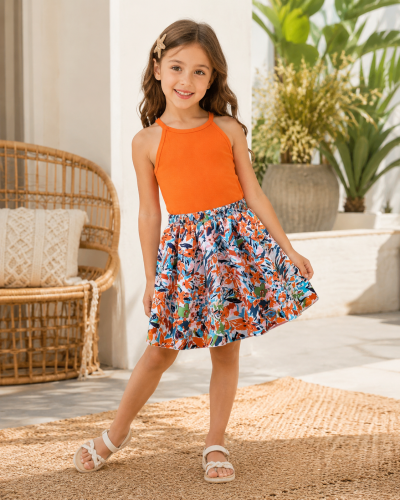 Girls Orange Ribbed Crop Top and Floral Skirt Set