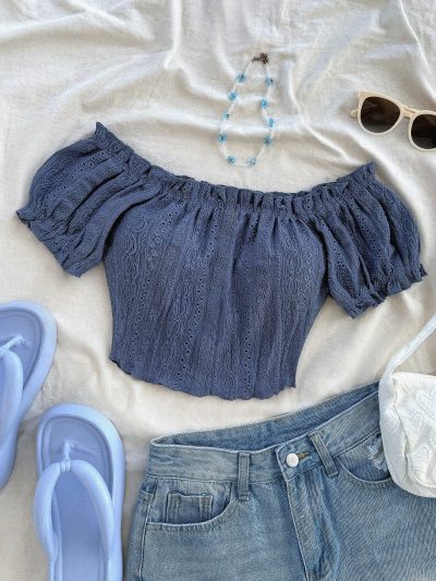SHEIN Women’s Navy Blue Off-Shoulder Eyelet Crop Top