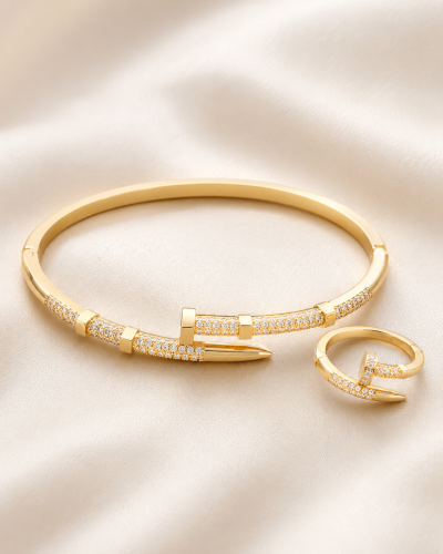 SHEIN Gold Rhinestone Nail Bracelet & Ring Set