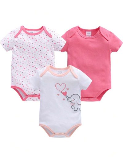 Baby Girls 3-Pack Short Sleeve Bodysuits – Star Print & Elephant Applique Cotton Onesie Set