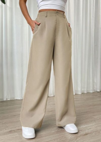 SHEIN Women’s Beige High Waist Wide Leg Pants – Tailored Loose Fit Trousers, SHEIN Fast Delivery in 5 Days