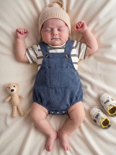 Baby Boy 2-Piece Corduroy Romper Set – Blue Overalls Romper with Striped T-Shirt