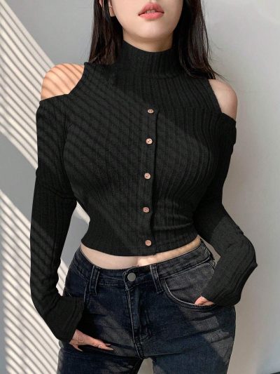 DAZY Women’s Black Cold Shoulder Button Front Knit Crop Top