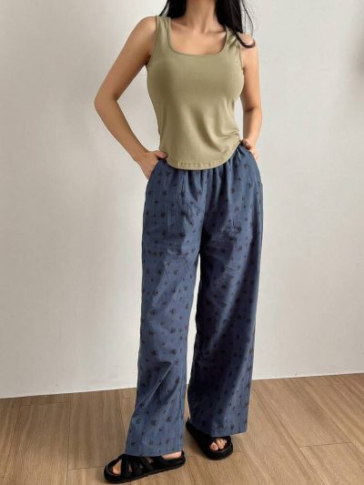Women’s Olive Tank Top & Blue Floral Lounge Pants Set – Soft Casual Two Piece Pajama Set