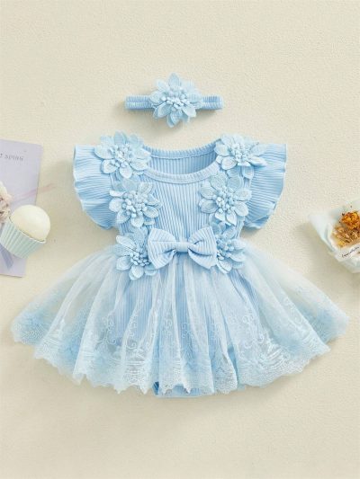 SHEIN Kids Blue Floral Tulle Dress Set - SHEIN Fast Delivery in 5 Days