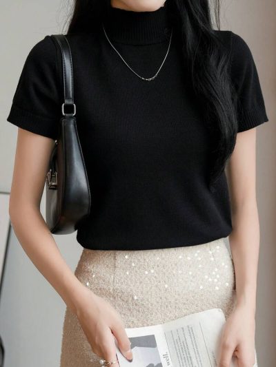 Ribbed High Neck Short Sleeve Fitted Top – Black