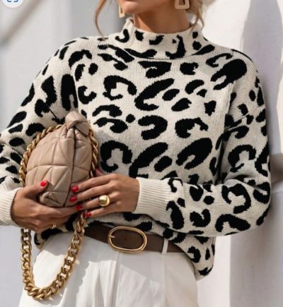 SHEIN Women’s Cream Leopard Print Knit Sweater – High Neck Long Sleeve Pullover, SHEIN Fast Delivery in 5 Days
