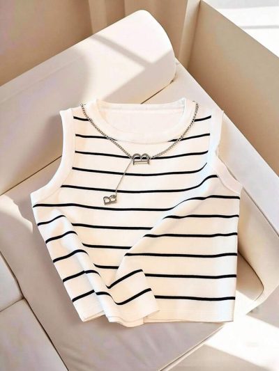 White Striped Sleeveless Knit Tank Top – Round Neck Casual Crop Top – Soft Stretch Everyday Fit