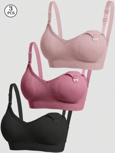 3-Pack Ribbed Nursing Bras for Women – Wireless Maternity Breastfeeding Bra Set – Soft Seamless Shein Style Lingerie
