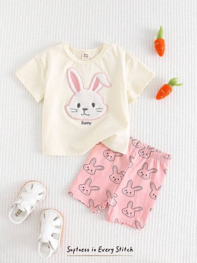 Baby Girl 2-Piece Bunny Print Outfit – Short Sleeve T-Shirt & Pink Bunny Shorts Set