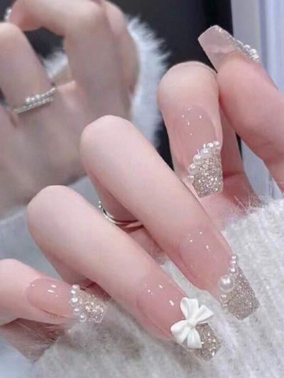 24PCS Nude Glitter Pearl Bow Press On Nails – Long Square Luxury Design