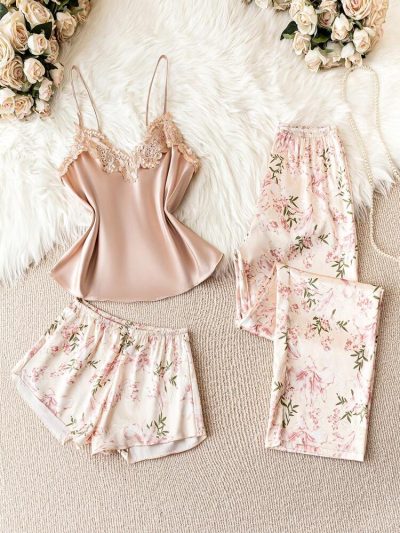 Women’s Satin Lace Cami 3 Piece Pajama Set – Blush Pink Floral Sleepwear Set