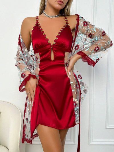 SHEIN Red Satin Floral Lace Nightdress Set - SHEIN Fast Delivery in 5 Days