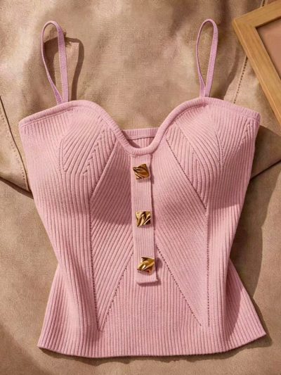 SHEIN Women’s Pink Ribbed Corset Cami Top with Gold Buttons
