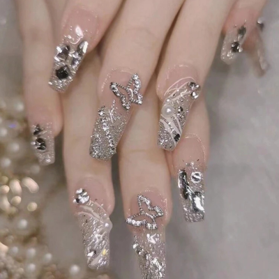 Luxury Rhinestone Butterfly Press-On Nails – Silver Glitter Long Nail Set