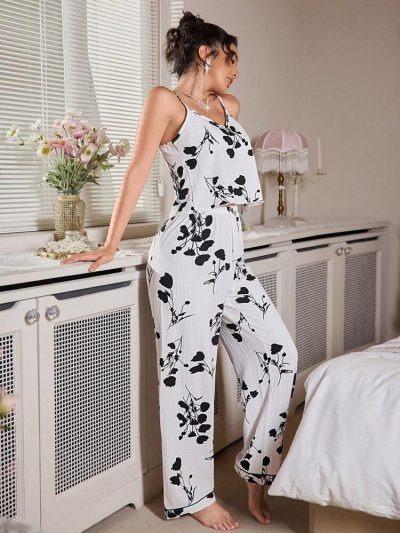 Women’s Black & White Floral Cami Lounge Set – Wide Leg Two Piece Pajama Set