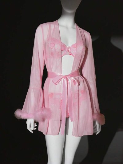 Women Pink Sheer Mesh Robe Lingerie Set – Feather Trim Nightwear