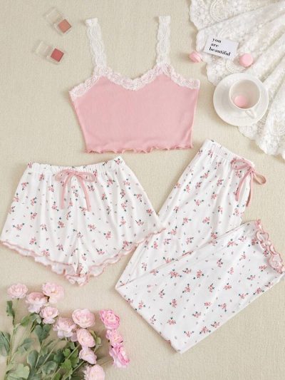 Women’s Pink Lace Trim 3 Piece Pajama Set – Ribbed Cami with Floral Shorts & Pants Sleepwear Set