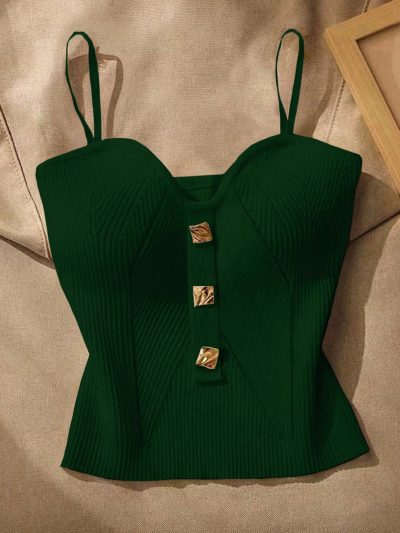 SHEIN Women’s Dark Green Ribbed Corset Cami Top with Gold Buttons
