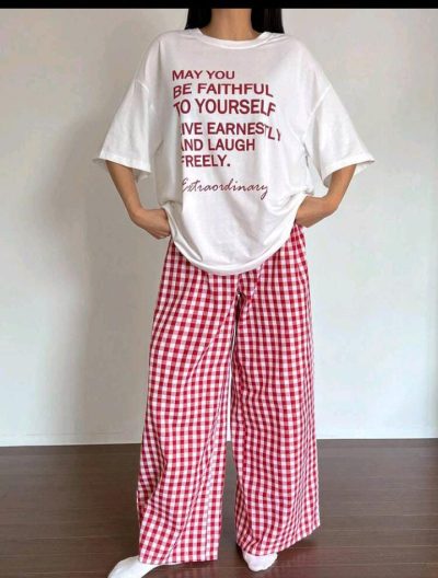 Women’s White Graphic T-Shirt and Gingham Pants Pajama Set