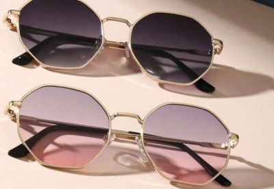Women’s Geometric Sunglasses – Gold Metal Frame with Purple Gradient Lenses – Chic Fashion Eyewear