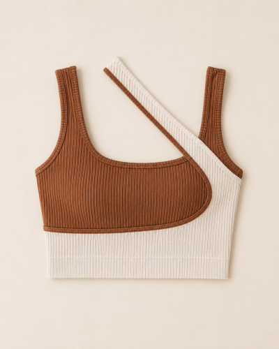 Brown Beige Colorblock Ribbed Crop Top – Asymmetrical One Shoulder Tank – Trendy Summer Casual Style