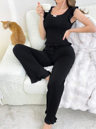 Women’s Ribbed Ruffle Sleeve Lounge Set – Black Sleeveless Top & Wide Leg Pants Pajama Set