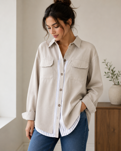 INAWLY Layered Look Pocket Front Button Up Shirt