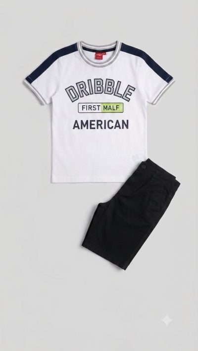 Boys White Graphic T-Shirt & Black Pants Set – 2 Piece Casual Kids Outfit, Fast Delivery in 5 Days