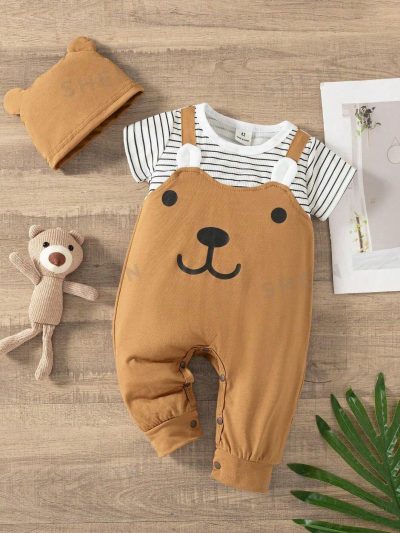 Baby Unisex Bear Face Striped T-Shirt Romper Set With Hat