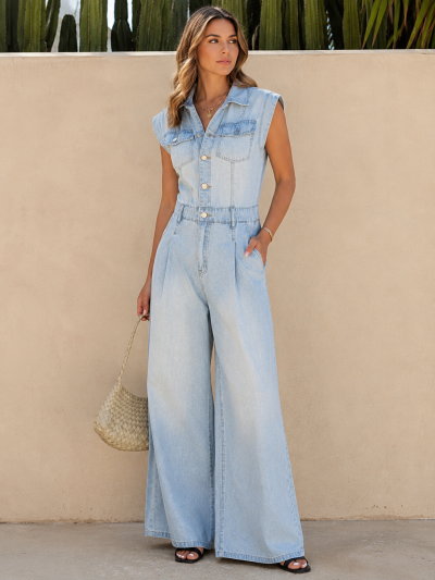 Women’s Light Wash Sleeveless Denim Jumpsuit